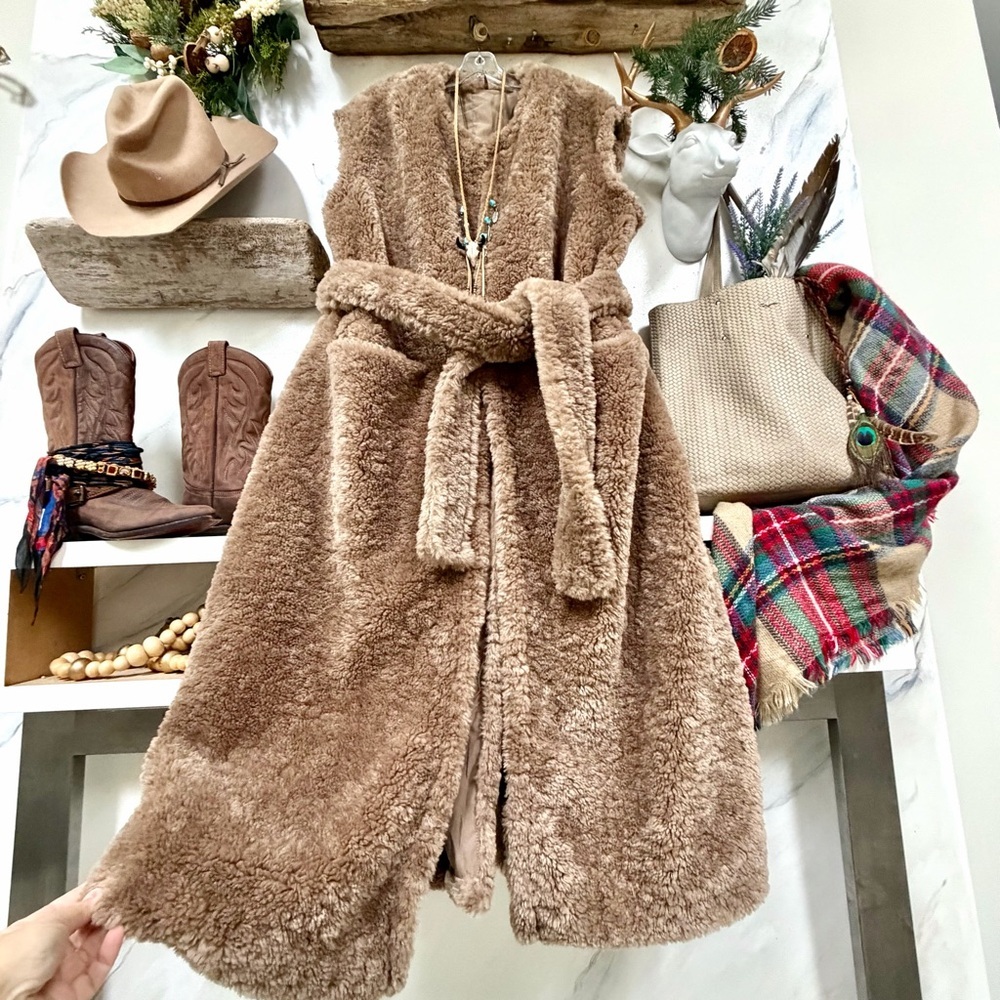 Cozy Faux Shearling Belted Vest - Brown